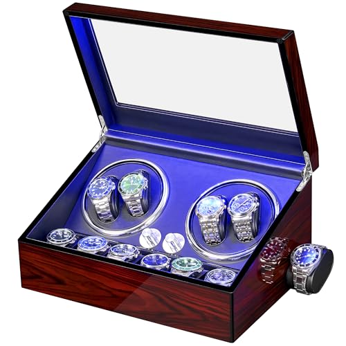 ANWBROAD Watch Winder for Automatic Watches 4+6 Watch Rotator and Storages with Super Quiet Motor LED Backlight Piano Paint Watch Turner 4 Rotating Modes UJWW002R