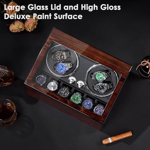 BEWISHOME Watch Winders for Automatic Watches, Automatic Watch Winder Box Watch Spinner with LED Light, 4 Watch Winder with Quiet Running Motor and 6 Storage Case for Man/Woman's Watches, Brown SYQ01Y