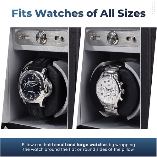 Heiden Monaco Double Watch Winder in Black Leather - Battery Powered or AC Adapter, 12 Program Settings, Diamond Stitched Vegan Leather, Soft Linen Interior, Large Interior Space for Large Watches