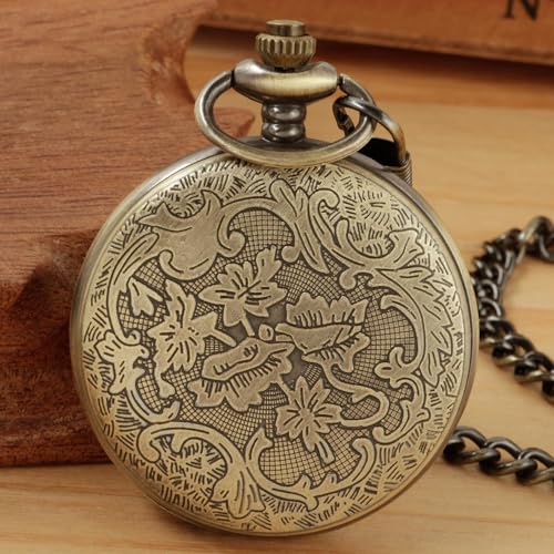 Bronze Hollowed Out Roman Covered Quartz Pocket Watch for Men, Arabic Numerals White Dial Pocket Watches for Men, Men's Quartz Pocket Watch with Chain -Bronze