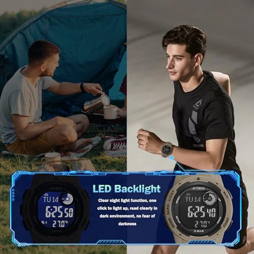 AVTREK Tactical Watch with Compass,50M Waterproof Pedometer, Digital Altimeter Watch for Outdoor Hiking/Climbing(Cafe)