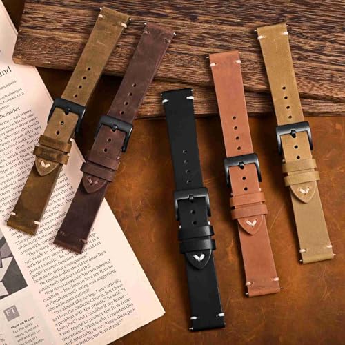 BISONSTRAP Distressed Leather Watch Strap, Watch Replacement Bands for Men, Quick Release Spring Bars, 22mm, Coffee Brown (Black Buckle)