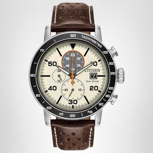 Citizen Men's Eco-Drive Weekender Brycen Chronograph Watch in Stainless Steel, Brown Leather Strap, Ivory Dial (Model: CA0649-06X)
