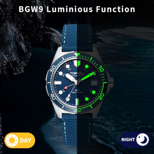 TOPHILL Mens Watches GMT Automatic Dive Watch|39.5mm 316L Steel Dive Watch|NH34 Movement|Sapphire Crystal|Ceramic Bezel|10ATM Water Resistant|BGW9 Luminous Rubber Strap Watch for Men (TD011G.G1358-02)