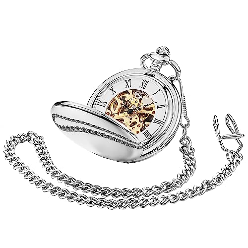ShoppeWatch Men’s Silver Pocket Watch with Chain | Hand Winding Vintage Pocket Watch | Classic Mechanical Movement Pocketwatch | 1920s Railroad Steampunk Costume Accessory PW20