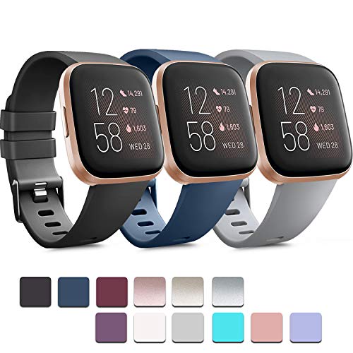 PACK 3 Soft Silicone Bands Compatible for Fitbit Versa 2 / Fitbit Versa/Fitbit Versa Lite Adjustable Sport Bands for Women Men Small Large (Black+Blue+Grey, Small)