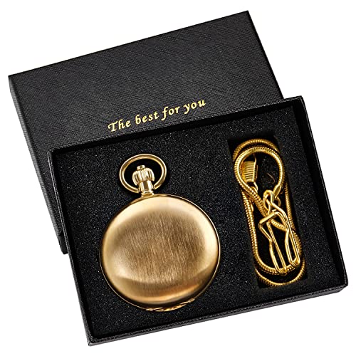 Whodoit Smooth Double Open Cover Mechanical Pocket Watch, Unisex, Roman Dial, Stainless Steel, Chain, Box