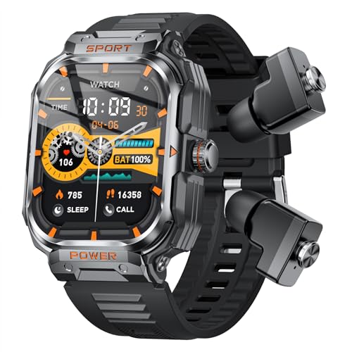 UYRGT Military Smart Watch with Earbuds for Men and Women,2'' Tactical Display,Sport Modes,Fitness Tracker,Heart Rate,Answer/Make Call, Sleep Monitor, SmartWatch Built-in Headphone Combo,iOS & Android