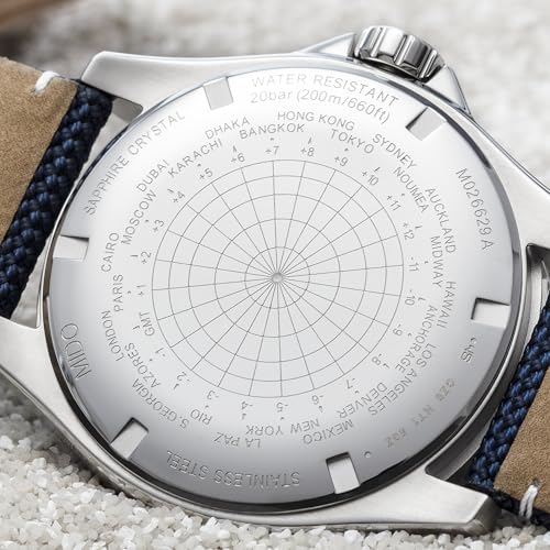MIDO Ocean Star GMT - Swiss Automatic Watch for Men - 44mm Stainless Steel Case with Black Ceramic Rotating Bezel - Black Dial - Blue Fabric Strap - M0266291705100