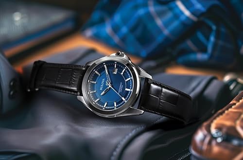 Bulova Men's Precisionist 3-Hand Calendar Stainless Steel with Black Leather Strap and Blue Dial Style: 96B257