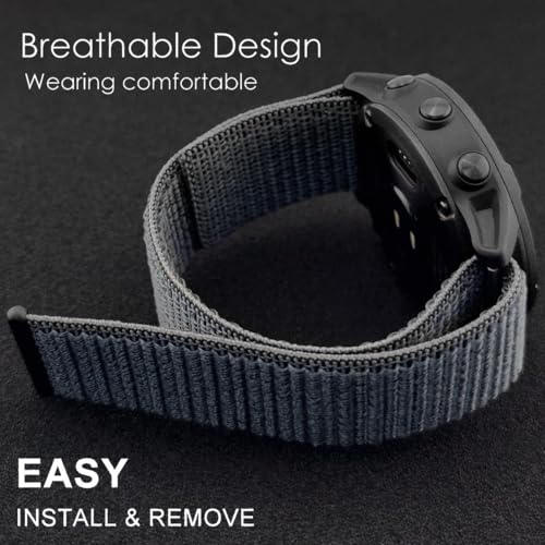 Abanen Hook and Loop Quick Dry Watch Band for Fenix 8 / epix Pro/Fenix 7/6/5 (47mm), 22mm Woven Nylon Ultralight Sport Wristband Strap for Garmin Instinct 2, Instinct 3 45mm (Black Grey)