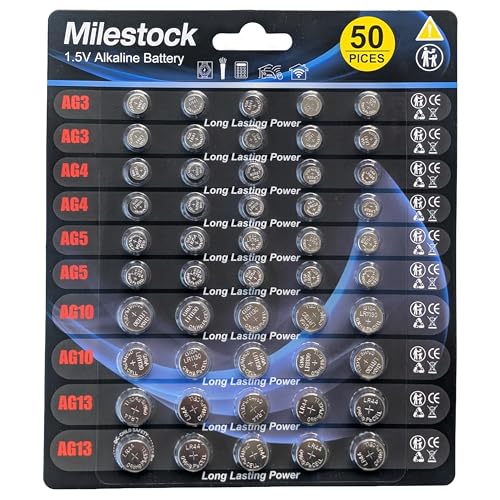 Milestock 50-pcs 1.5V Alkaline Button Cell Battery Assortment AG3 LR41 392, AG4 LR626 377, AG5 LR754 393, AG10 LR1130 389, AG13 LR44 357 Coin Batteries for LED Lights, Musical Books, Watches, RC