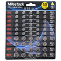 Milestock 50-pcs 1.5V Alkaline Button Cell Battery Assortment AG3 LR41 392, AG4 LR626 377, AG5 LR754 393, AG10 LR1130 389, AG13 LR44 357 Coin Batteries for LED Lights, Musical Books, Watches, RC