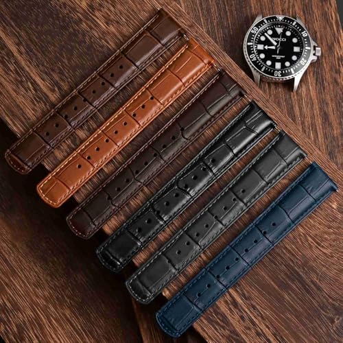 WOCCI 20mm Watch Band, Top Grain Leather, Embossed Alligator Grain, Quick Release, Golden Buckle (Brown)