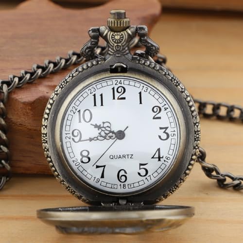 Realpoo Bronze Hollowed Out Horse Quartz Men's Pocket Watch, Arabic Numeral Dial with Chain Pocket Watch for Men