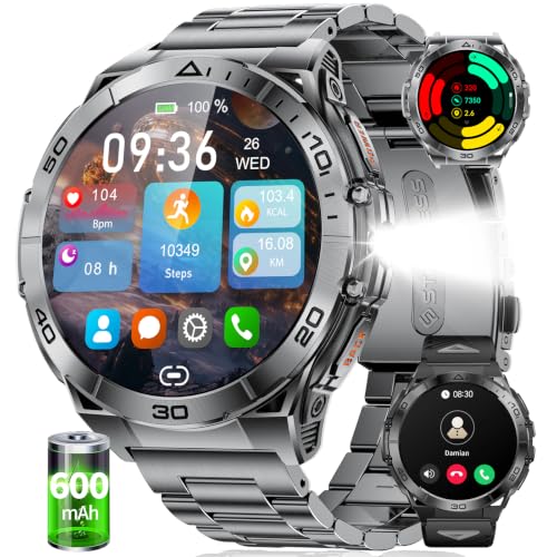 HIRREO Smart Watch for Men, 1.6'' AMOLED HD Fitness Watches with LED Flashlight, Buletooth Calling, 600mAh Battery/2 Straps/100+ Sports/IP68 Waterproof Smartwatch for Android iOS, Black-Orange