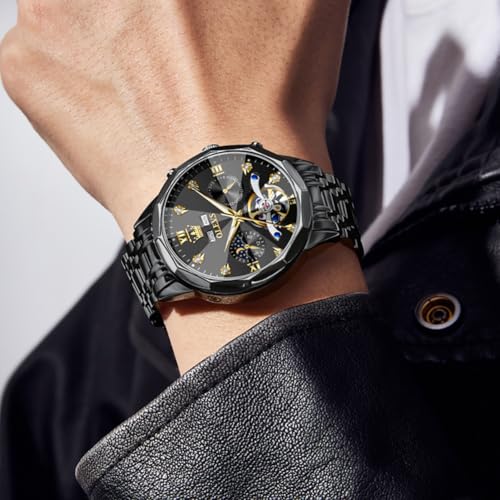 OLEVS Black Self Winding Watches for Men Mechanical Business Dress Skeleton Waterproof Luminous Date Automatic Luxury Casual Man Watch