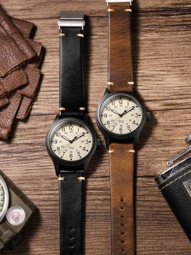 Getalia leather Watch Band Foldover Clasp Vegetable-Tanned Genuine Leather,18mm 19mm 20mm 21mm 22mm Quick Release Replacement Watch Straps for Men and Women (Black: Width-20mm)