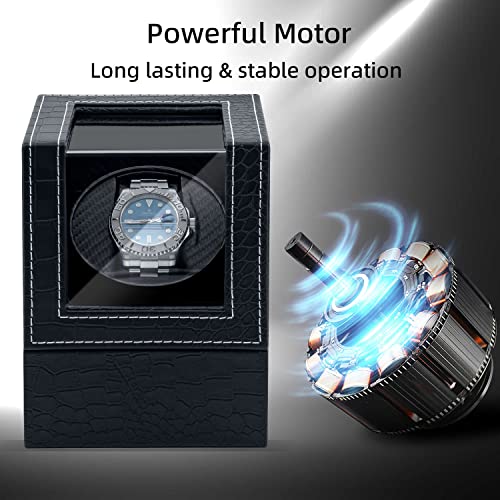 Mcbazel Single Watch Winder, Ultra Quiet Japanese Motor Automatic Watch Winder Box with Multiple Rotation Modes, Premium Watch Winder for Automatic Watches (AC/ Battery Powered) - Black with Crocodile Pattern