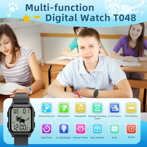 EZON T048 Digital Kids Watch for Teens Girls Boys,Sport Watch with Virtual Pet Cat Step Counter Stopwatch Pedometer Timer Alarm, No App Waterproof Fitness Tracker for Ages 7-18 (White)