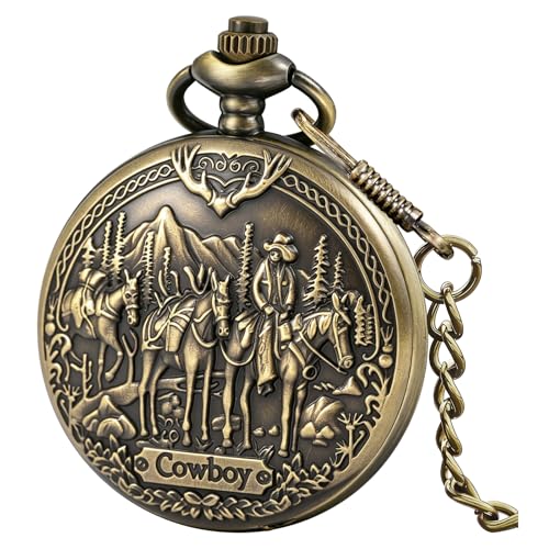 Tiong Pocket Watch Engraved Cowboy Arabic Numerals Quartz with Chain Gifts