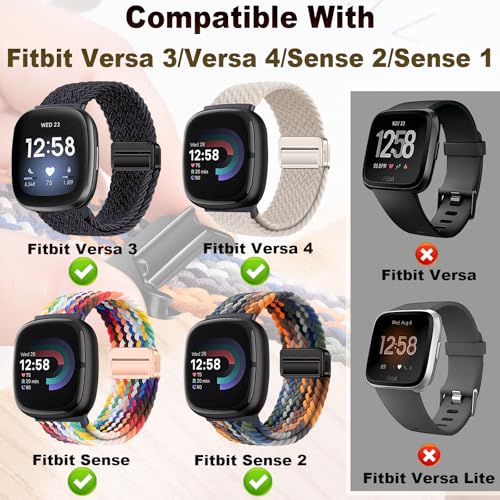 Braided Magnetic Bands Compatible with Fitbit Versa 4/Fitbit Versa 3/Sense 2/Sense 1,Soft Stretchy Elastic Nylon Sport Loop Strap for Women Men (Black)