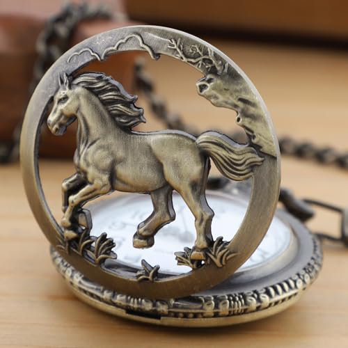 Realpoo Bronze Hollowed Out Horse Quartz Men's Pocket Watch, Arabic Numeral Dial with Chain Pocket Watch for Men