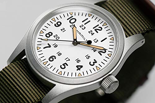 Hamilton Khaki Field Mechanical Men's Watch, 38mm Stainless Steel Case, Swiss Made, White Dial Analog Wrist Watch for Men, 50m Waterproof, Sapphire Crystal, Textile Strap