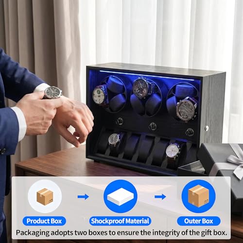 Oryx 9 Watch Winder for Automatic Watches, Rotating Watch Box 5 Rotation Modes Setting Display Case with Extra Watches Storages and LED Light, Lockable Winders USB Powered Super Quiet Mabuchi Motor