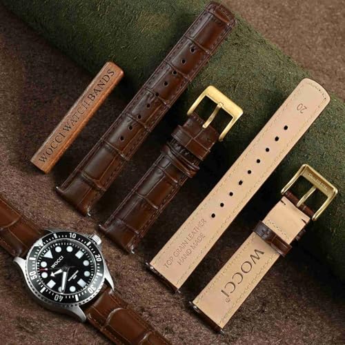 WOCCI 20mm Watch Band, Top Grain Leather, Embossed Alligator Grain, Quick Release, Golden Buckle (Brown)