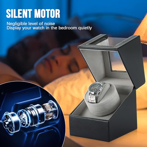 FLKQC Single Watch Winder for Automatic Watches | Black Leather Watch Display Case Storage Box | Fits Lady and Man Automatic Watch, AC Adapter or Battery Powered Watch Storage Box