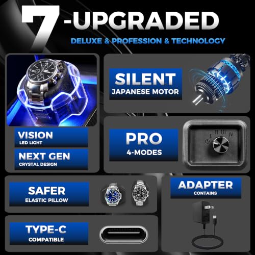 ANWBROAD Watch Winder for Automatic Watches, 4 Modes Single Automatic Watch Winder box with LED Crystal Design, Rotating Watch Case with Super Quiet Motor with Type-C Adapter,UJWW006C