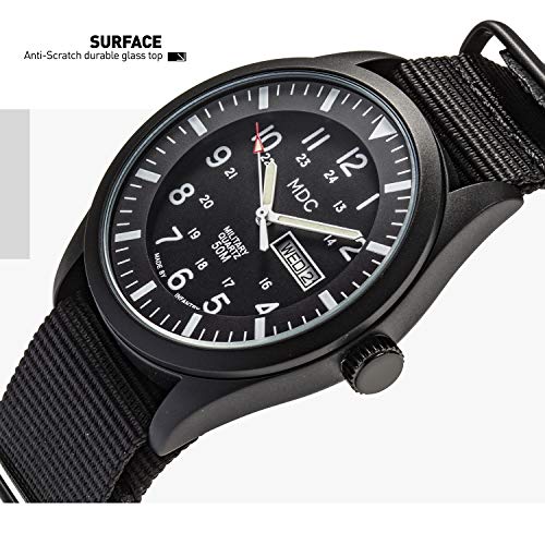 Infantry MDC Mens Military Watch, Stealth Black Tactical Field Watch for Men, 12/24H Military Time Analog Watch with Day Date, Waterproof Work Watch with Black Nylon