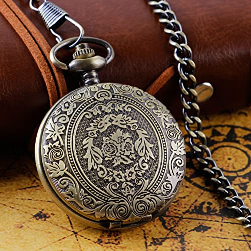 Realpoo Bronze Large Decorative Flower Pattern Pocket Watch White Roman Numeral Scale Quartz Pocket Watches for Men with Chain