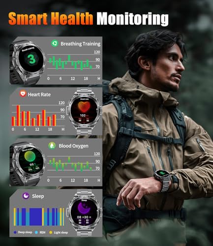 HIRREO Smart Watch for Men, 1.6'' AMOLED HD Fitness Watches with LED Flashlight, Buletooth Calling, 600mAh Battery/2 Straps/100+ Sports/IP68 Waterproof Smartwatch for Android iOS, Black-Orange