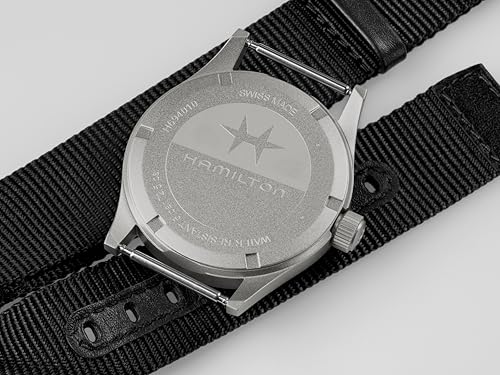 Hamilton Khaki Field Khaki Quartz Men's Watch, 38mm Stainless Steel Case, Swiss Made, Black Dial Analog Wrist Watch for Men, 50m Waterproof, Sapphire Crystal, Textile Strap