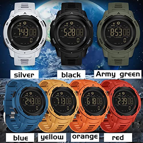Step Counter Fitness Tracker Watches for Men, Men's Digital Sports Orange Watch IP68 Waterproof with Pedometer Calorie Dual Time Countdown Stopwatch, Tactical Military Outdoor Survival Hiking