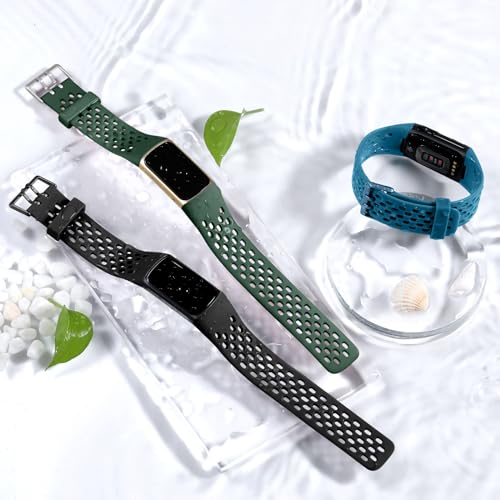 Maledan Compatible with Fitbit Charge 5/ Charge 6 Bands Men Women, 3 Pack Sport Band Soft Waterproof Replacement Wristbands Breathable Strap for Fitbit Charge 5/ Charge 6, Black/Slate Blue/Green