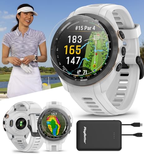 Garmin Approach S70 (White, 42mm) Golf GPS Watch Bundle - AMOLED Display, Virtual Caddie & PlaysLike Distance - Includes PlayBetter 5000mAH Portable Charger & Screen Protectors (Renewed)