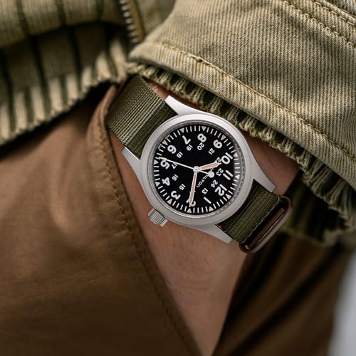 Hamilton Khaki Field Mechanical Men's Watch, 38mm Stainless Steel Case, Swiss Made, Black Dial Analog Wrist Watch for Men, 50m Waterproof, Sapphire Crystal, Textile Strap