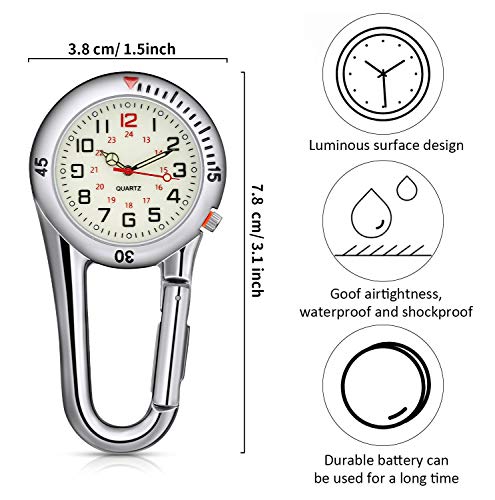Hicarer 2 Pieces Clip on Quartz Watch Backpack Fob Belt Glow in The Dark Unisex Pocket Watch with White Dial for Doctors Nurses Outdoor Activities(Silver)