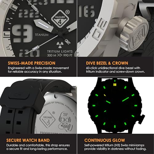 HAZARD 4 Heavy Water Diver(TM) BlackTie White GMT: Titanium Tritium Dive-Watch - "B"