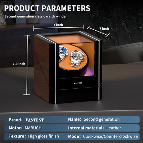 VANTENT Watch Winder for Automatic Watches with Exterior LED Lighting，Shining Finishing and Quiet Japanese Motor 2.0MAX Black (Brown)