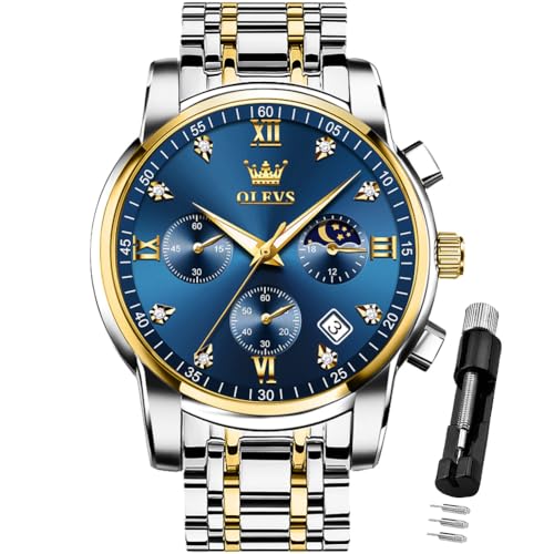 OLEVS Watch for Men Diamond Business Dress Analog Quartz Stainless Steel Waterproof Luminous Date Two Tone Luxury Casual Wrist Watch Blue
