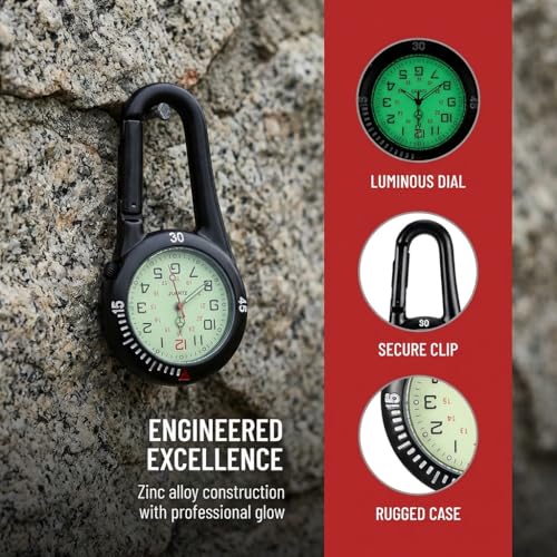 Toyvian Clip-on Carabiner Watches, 2 Pieces Glow in The Dark Quartz Pocket Watches Waterproof Luminous Fob Watch for Men Women Nurses Hikers Doctors Backpacking Heavy Duty Outdoor Timepiece