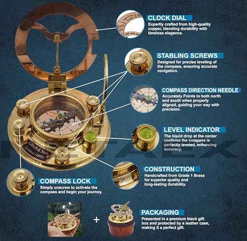 NETAEX Antique Brass & Copper Sundial Compass, Gift Sun Clock Ship Replica Watch Brass Compass Gift for Men - Nautical Gifts for Men, Best Anniversary Vintage Gifts