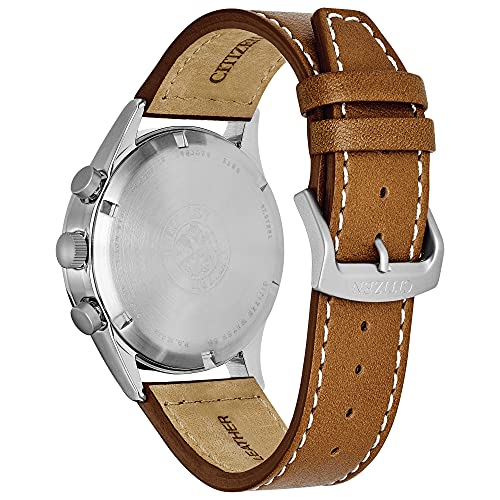 CITIZEN Men's Eco-Drive Weekender Garrison Chronograph Field Watch in Stainless Steel with Brown Leather Strap, Blue Dial (Model: CA0621-05L)