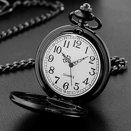 Realpoo SwitchMe Smooth Black Pocket Watch for Men Quartz Arabic Digital Dial with Chain,Smooth Quartz Men's Pocket Watch for Father's Day Christmas Gift - Black