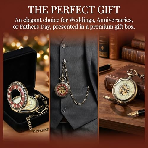 MJSCPHBJK Vintage Pocket Watch for Men Roman Numerals Scale Quartz Pocket Watches with Chain for Xmas Fathers Day Gift
