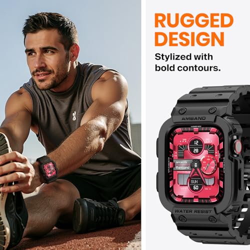 amBand Compatible with Apple Watch Series 9/8/7/SE (3/2/1)/6/5/4/3 Band for Men 45mm 44mm 42mm Case, Rugged Sport Strap for iWatch 45/44 mm Military Protective Cover Bumper Drop-Proof, Matte Black